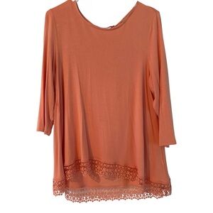 Intro Tunic Top Peach Orange Women’s Petite Size L Lace Hem 3/4 Sleeve Stretch